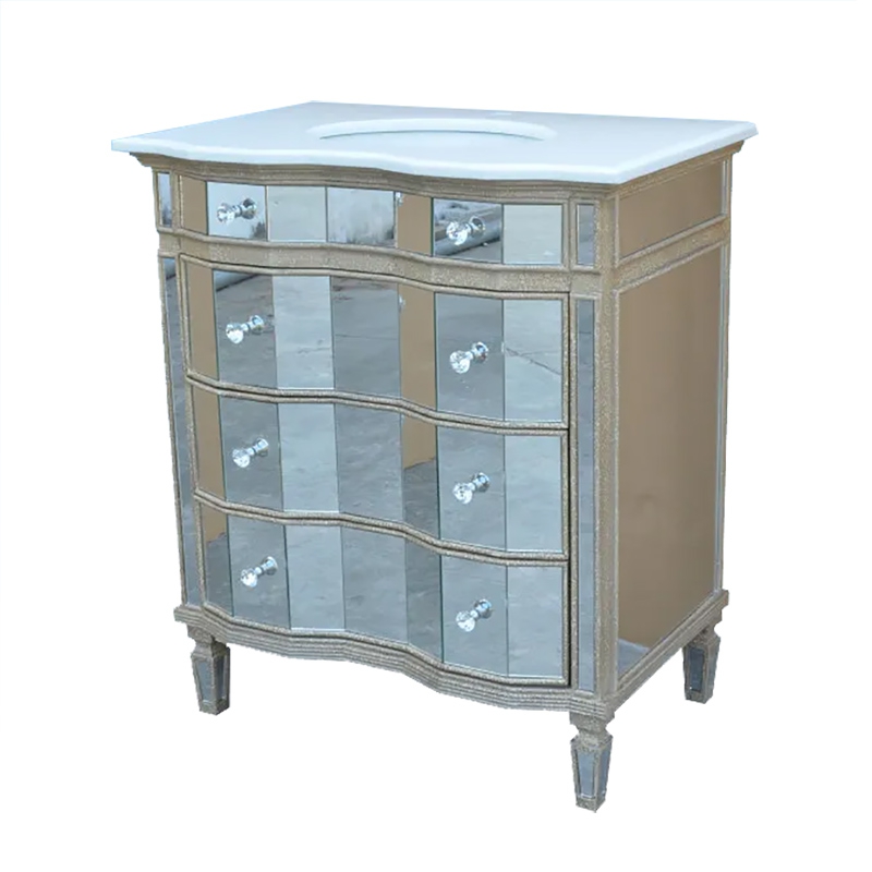 Modern mirror bathroom vanity, 32 Inch Bathroom Cabinet with 3 Big Drawers,Solid Wood Mirror Surface